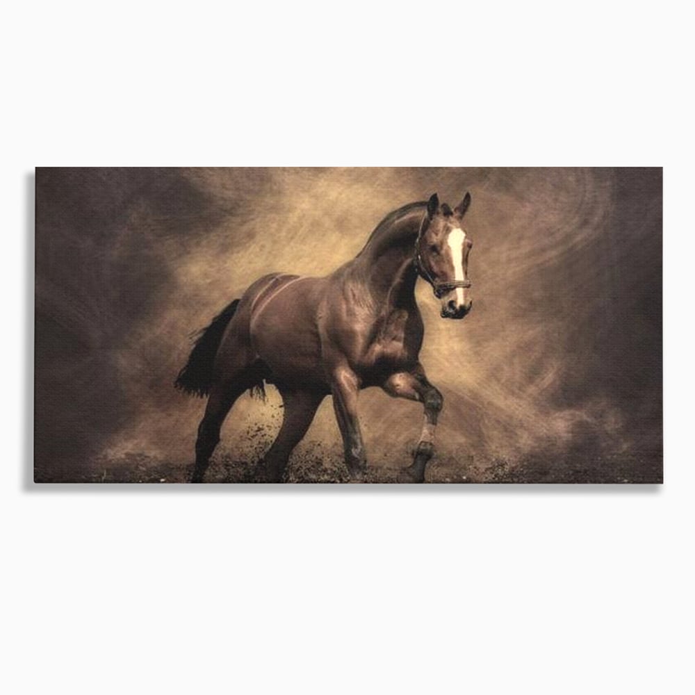 Tablou canvas cu tablou canvas cu cal maro in galop, fara rama, pe sasiu de lemn